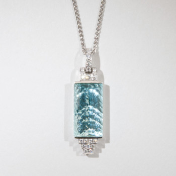 18ct W/G Aquamarine Octagon & Diamond Art Deco Style Pendant