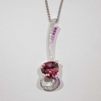 18ct W/G Pink Tourmaline, Pink Sapphire & Diamond Pendant